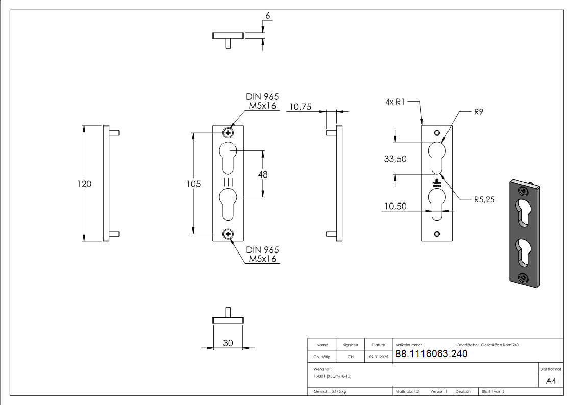 Zylinderrosette fuer zwei Profilzylinder- 32x120x6mm- V2A-88-1116063.240