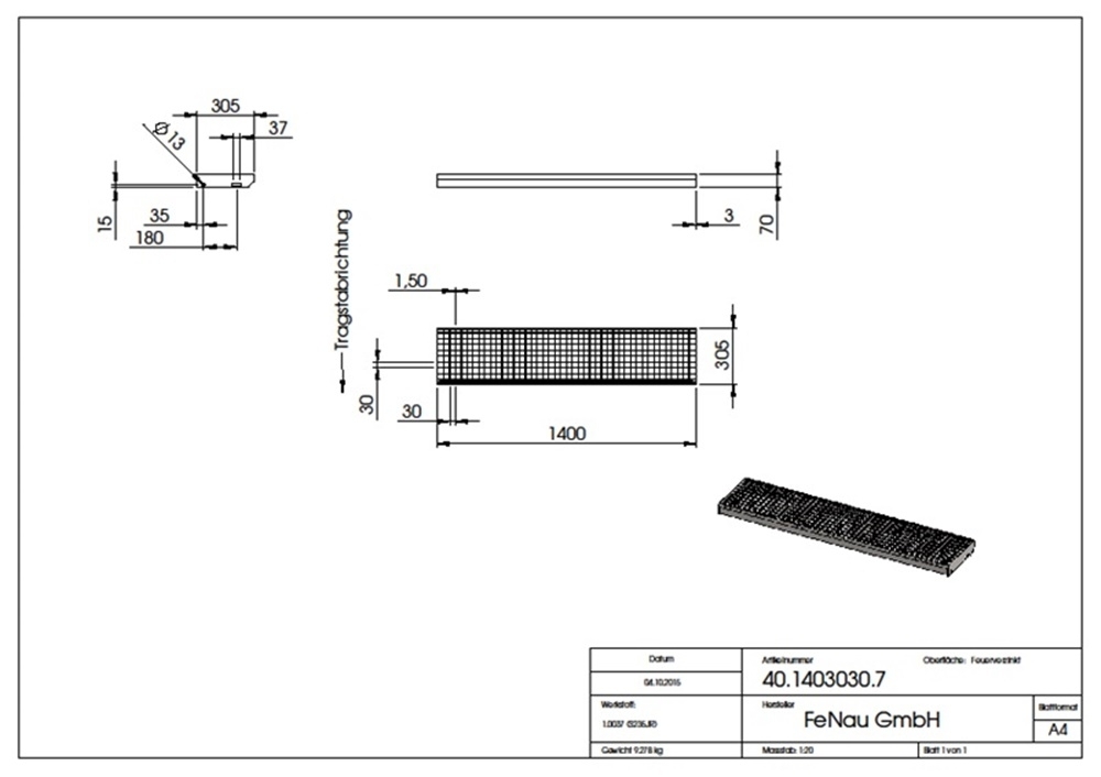 Gitterroststufe Treppenstufe Maße: 1400x305 mm 30/30 mm S235JR (St37-2), im Vollbad feuerverzinkt