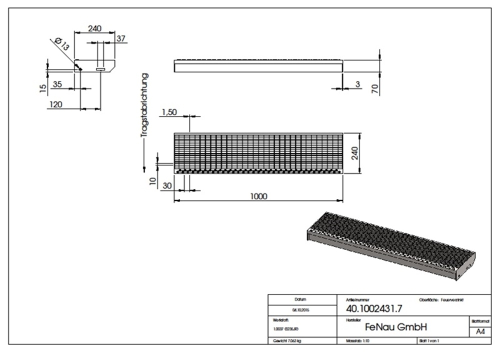 Gitterroststufe Treppenstufe Masse- 1000x240 mm 30-10 mm S235JR -St37-2- im Vollbad feuerverzinkt-40-1002431.7