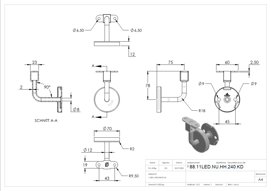 Handlaufhalter fuer LED Handlauf -Ronde und Buegel verschweisst- V2A-88-11LED-NU-HH-240.KD