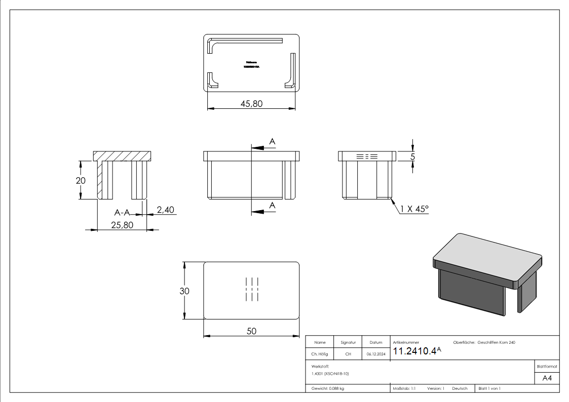 Endkappe für Rohr 50x30x2,0 mm zum Kleben V2A