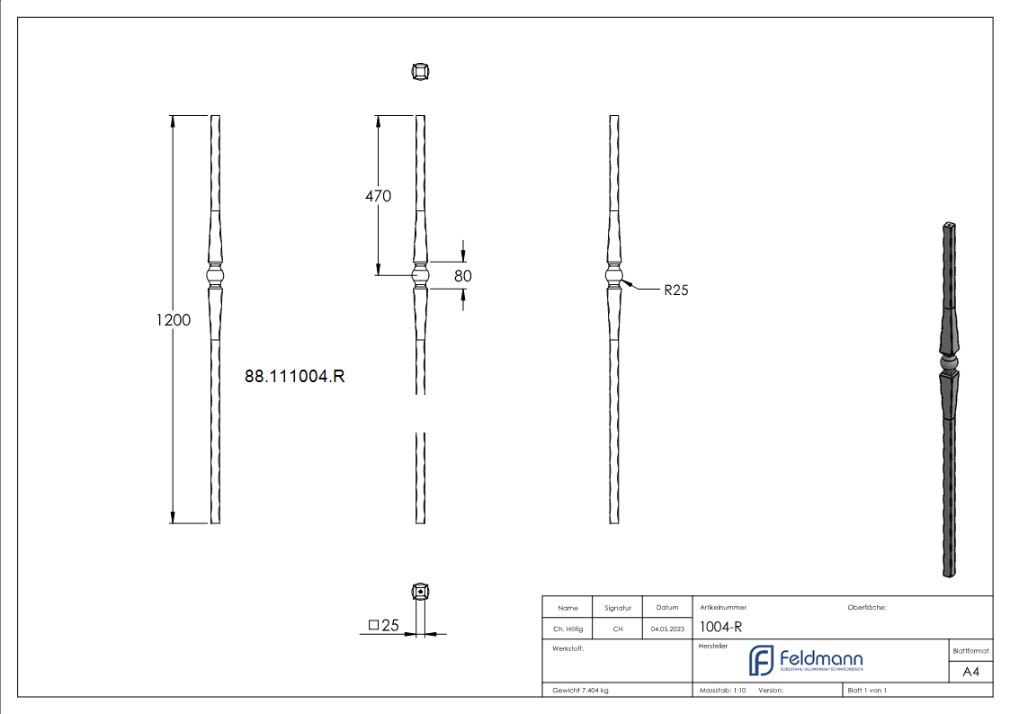 Anfangsstab mit runder Kugel 25x25 L 1200 mm