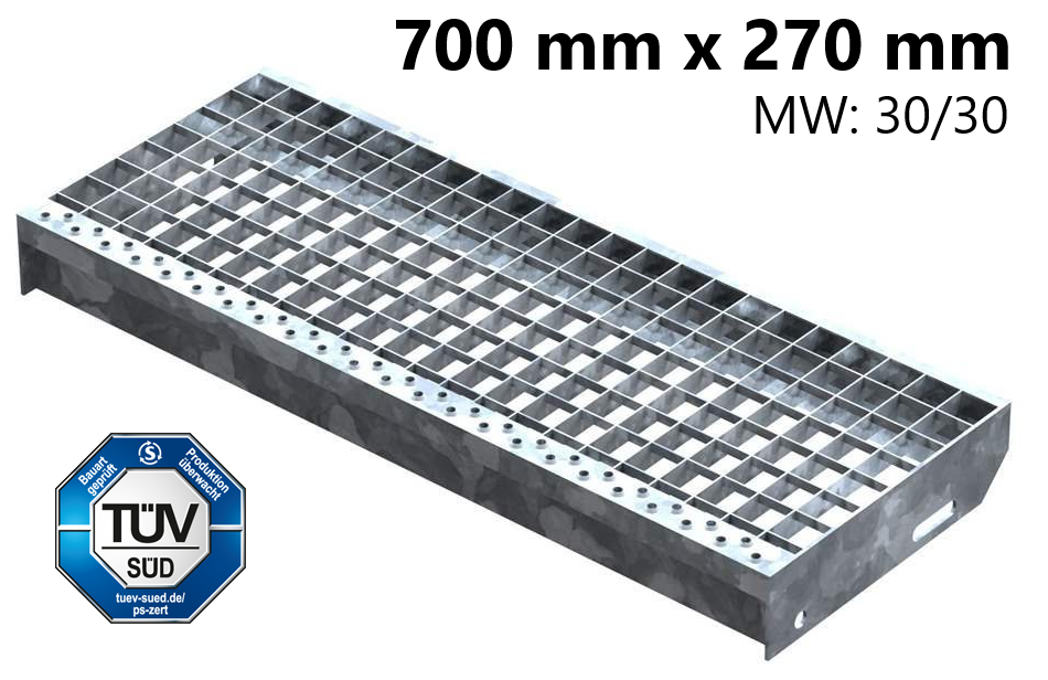 Gitterroststufe Treppenstufe | Maße: 700x270 mm 30/30 mm | S235JR (St37-2), im Vollbad feuerverzinkt