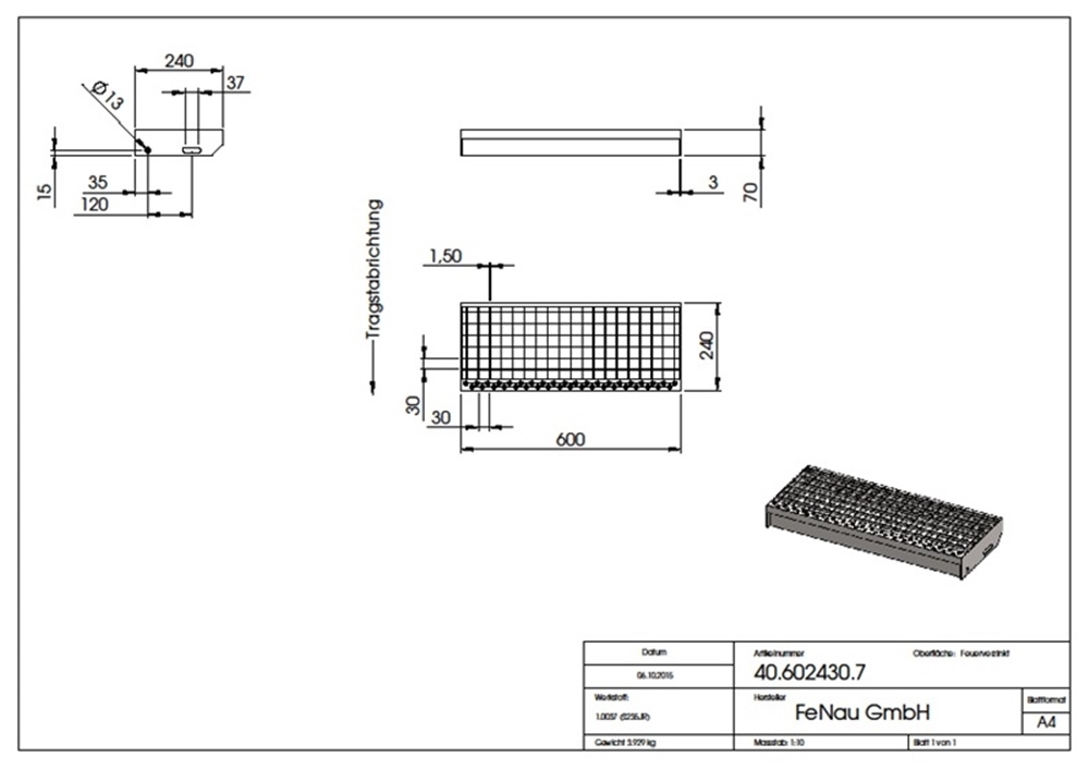 Gitterroststufe Treppenstufe | Maße: 600x240 mm 30/30 mm | S235JR (St37-2), im Vollbad feuerverzinkt