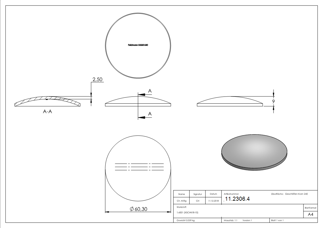 Klöpperboden | Ø 60,3x2,5 mm | gewölbt | einseitig geschliffen | V2A