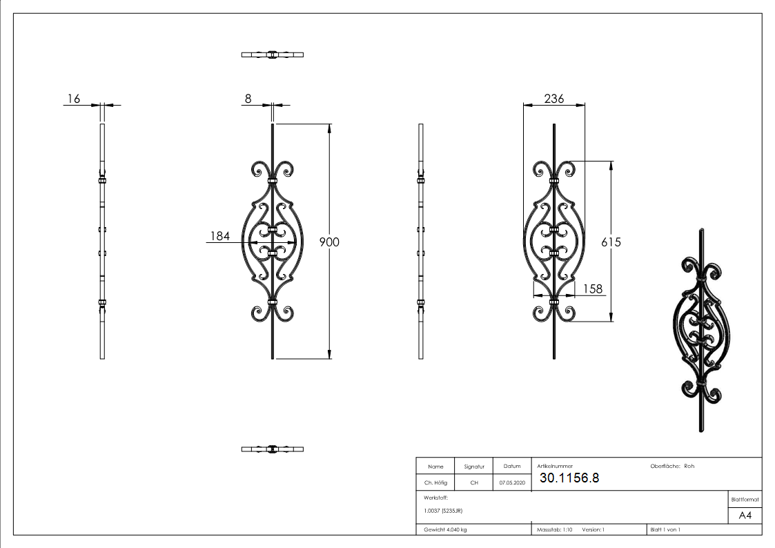 Zierstab | Länge: 900 mm | Material: 16x8 mm gerillt | Stahl S235JR, roh