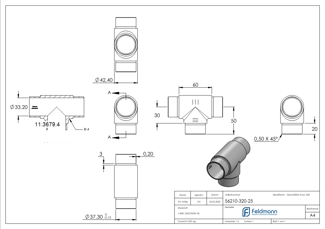 T-Stueck V2A fuer Rohr 42-4 x 2-5 mm zum Stecken-11-3679.4