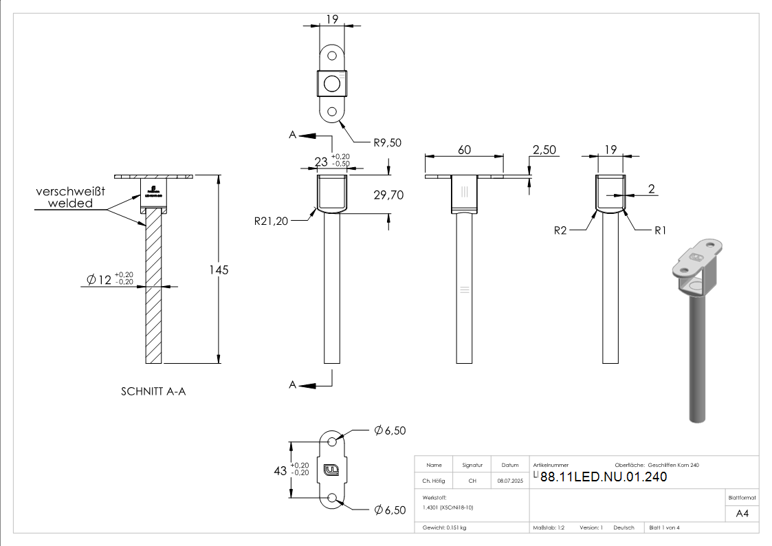 Stift mit Anschlussplatte fuer LED-Handlauf- voll- V2A-88-11LED-NU-01.240