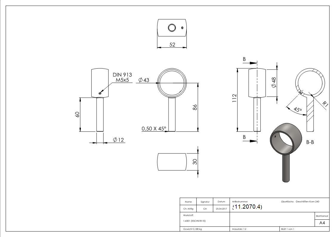 Handlaufhalterring für Rundrohr Ø 42,4 mm V2A