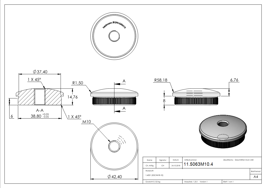Rohrstopfen leicht gewölbt | V2A mit M10 für Ø 42,4x2,0 mm