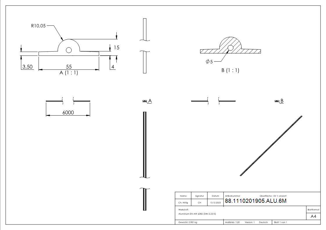 Laufschiene zum Aufschrauben ohne Bohrungen- L- 6m- Aluminium-88-1110201905-ALU.6M