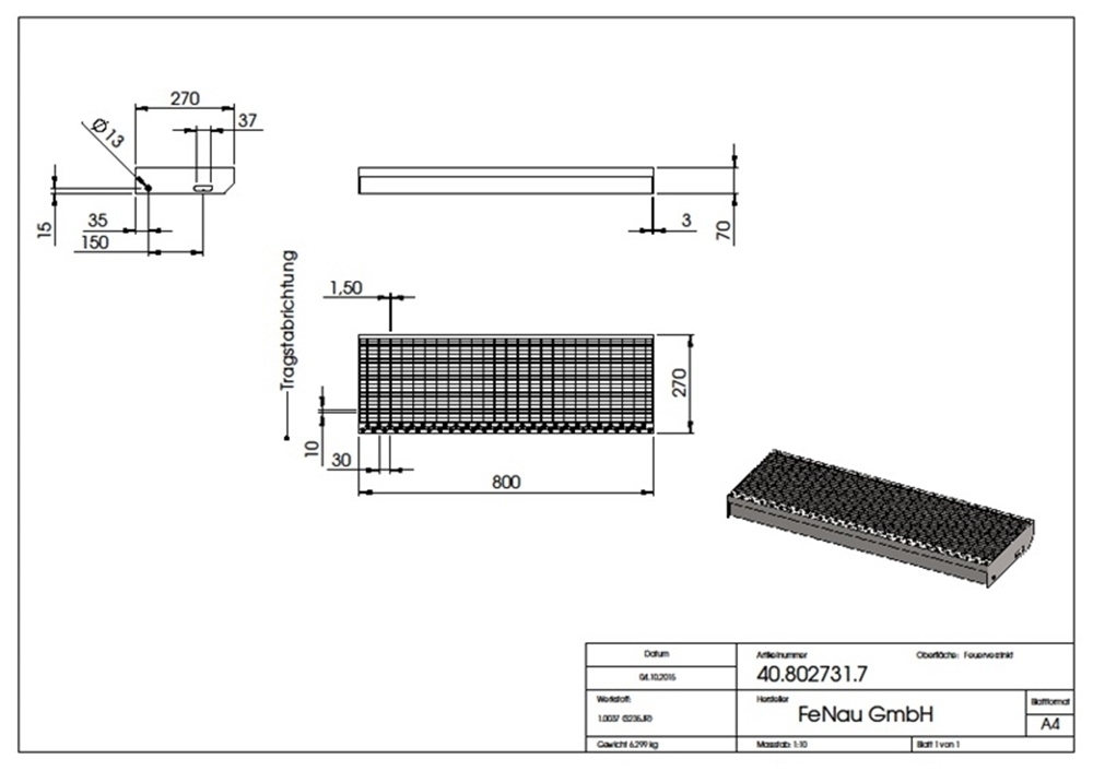 Gitterroststufe Treppenstufe Maße: 800x270 mm 30/30 mm V2A AISI304