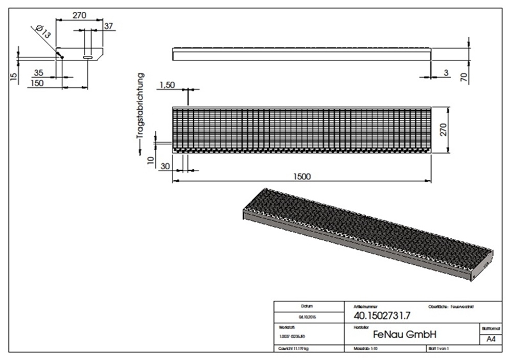 Gitterroststufe Treppenstufe Maße: 1500x270 mm 30/10 mm S235JR (St37-2), im Vollbad feuerverzinkt