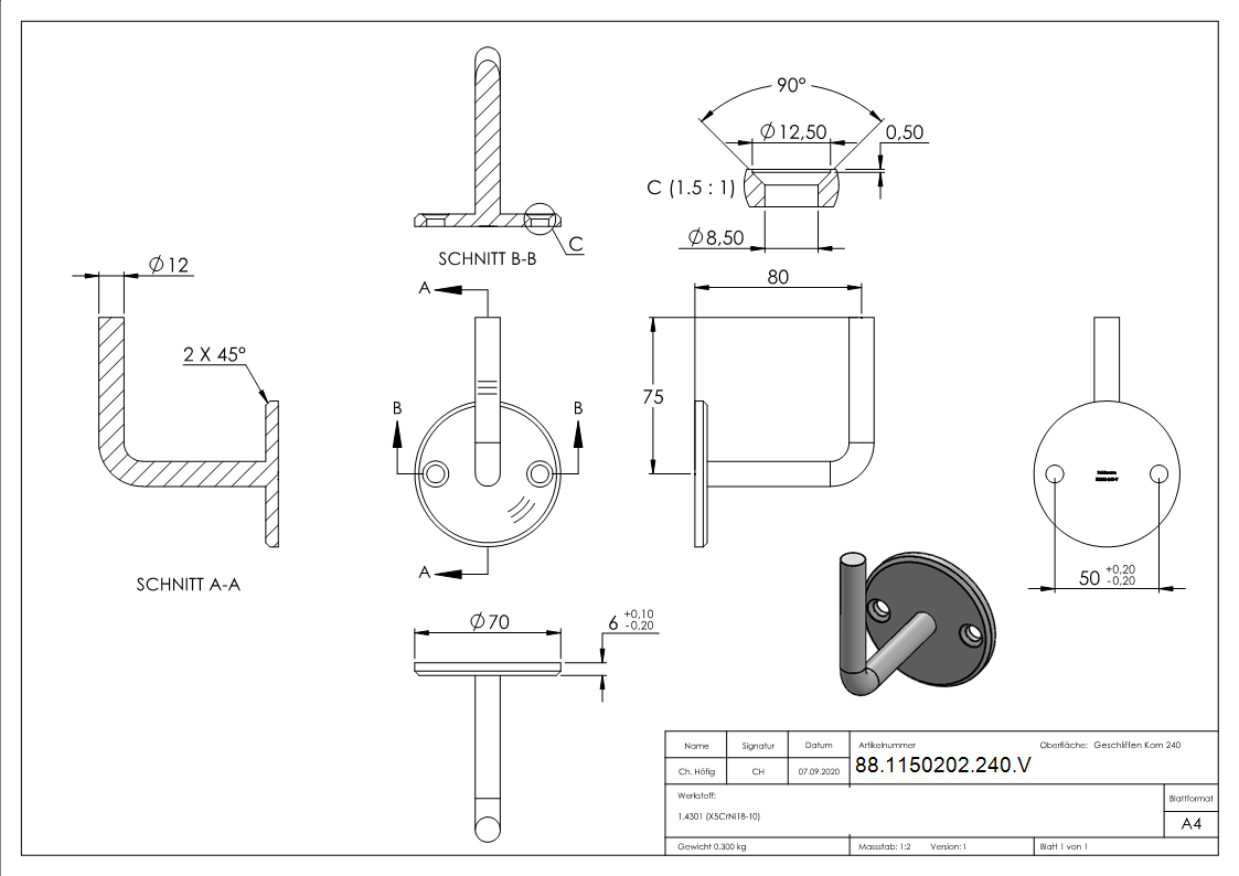 Handlaufhalter V2A Ronde Ø70x6mm Buegel Ø12mm Wandabstand 80 mm zum Anschweissen-88-1150202-240.V
