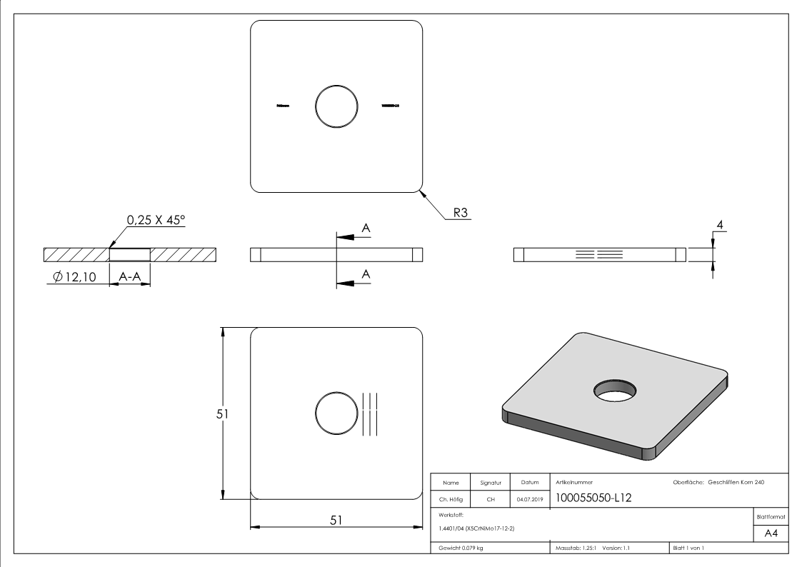 V4A Flachkappe für QR 50x50 mit Bohrung