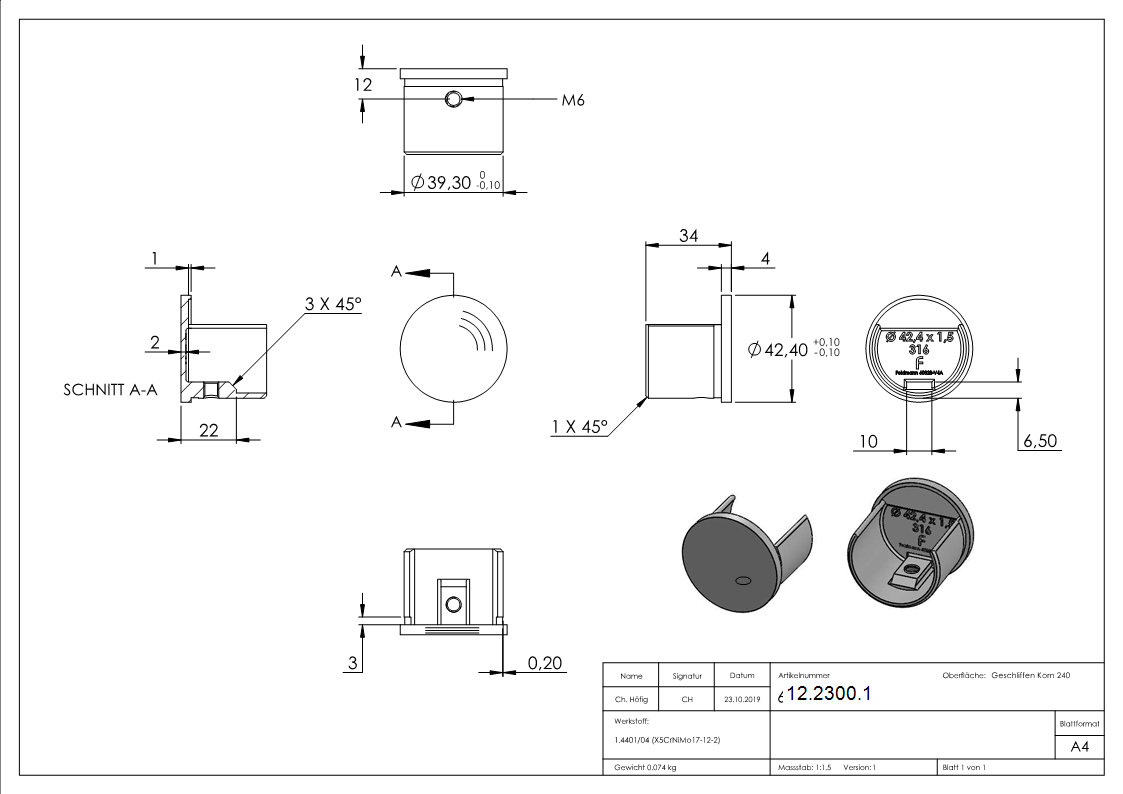 Endkappe - flache Ausfuehrung - fuer Nutrohr Ø 42-4 mm - V4A-12-2300.1