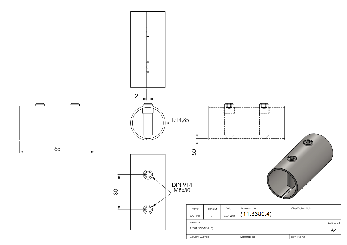 Rohrverbinder V2A fuer Rohr Ø 33-7 x 2-0 mm- L 65 mm- mit Klemmschrauben-11-3380.4