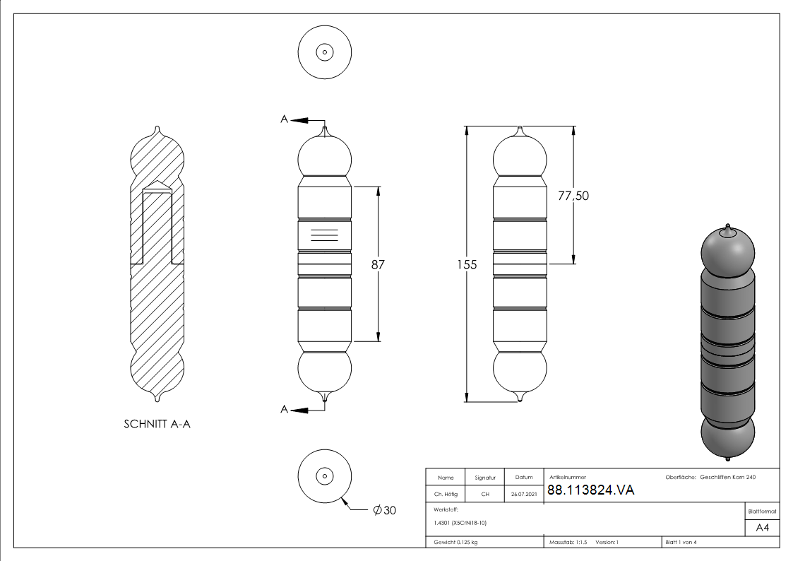 Anschweißband Torband Edelstahl mit festem Stift - Dorn 16mm