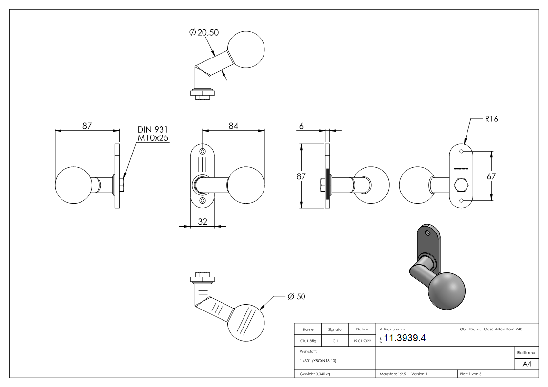 V2A Tuerdruecker mit Kurzschild rund-11-3939.4