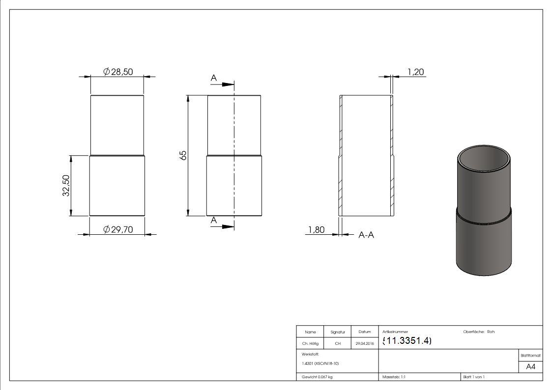 Steckverbinder V2A Ø 33-7 mm Wand 2-5 auf 2-0 mm L 65 mm zum Kleben-11-3351.4