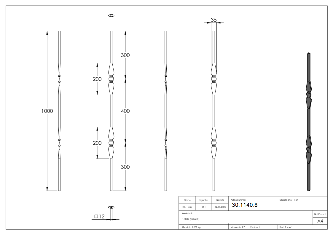 Zierstab | Länge: 1000 mm | Material: 12x12 mm glatt | Stahl S235JR, roh
