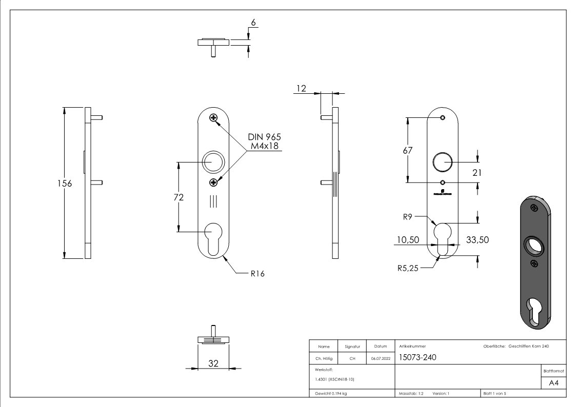 Langschild 32x156x6 mm V2A für Schlosskästen mit Stiftlochung