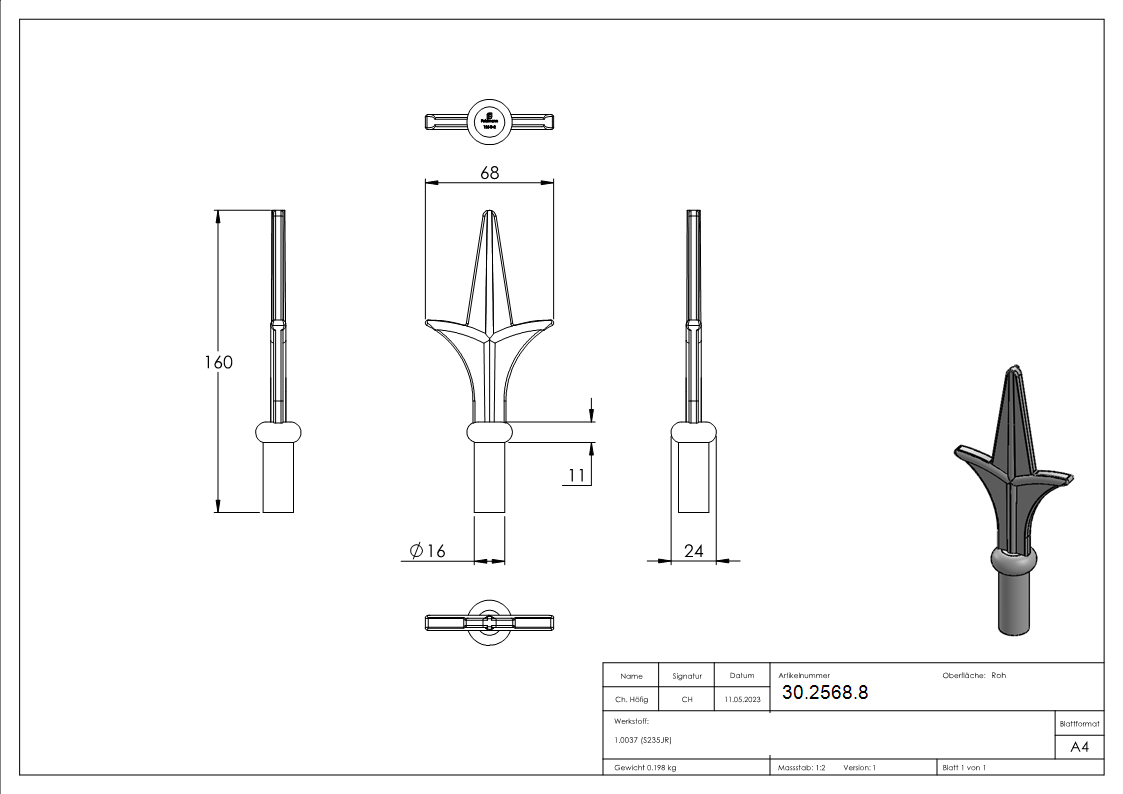 Zaunspitze | Höhe: 160 mm | Material: Ø 16 mm | Stahl S235JR, roh