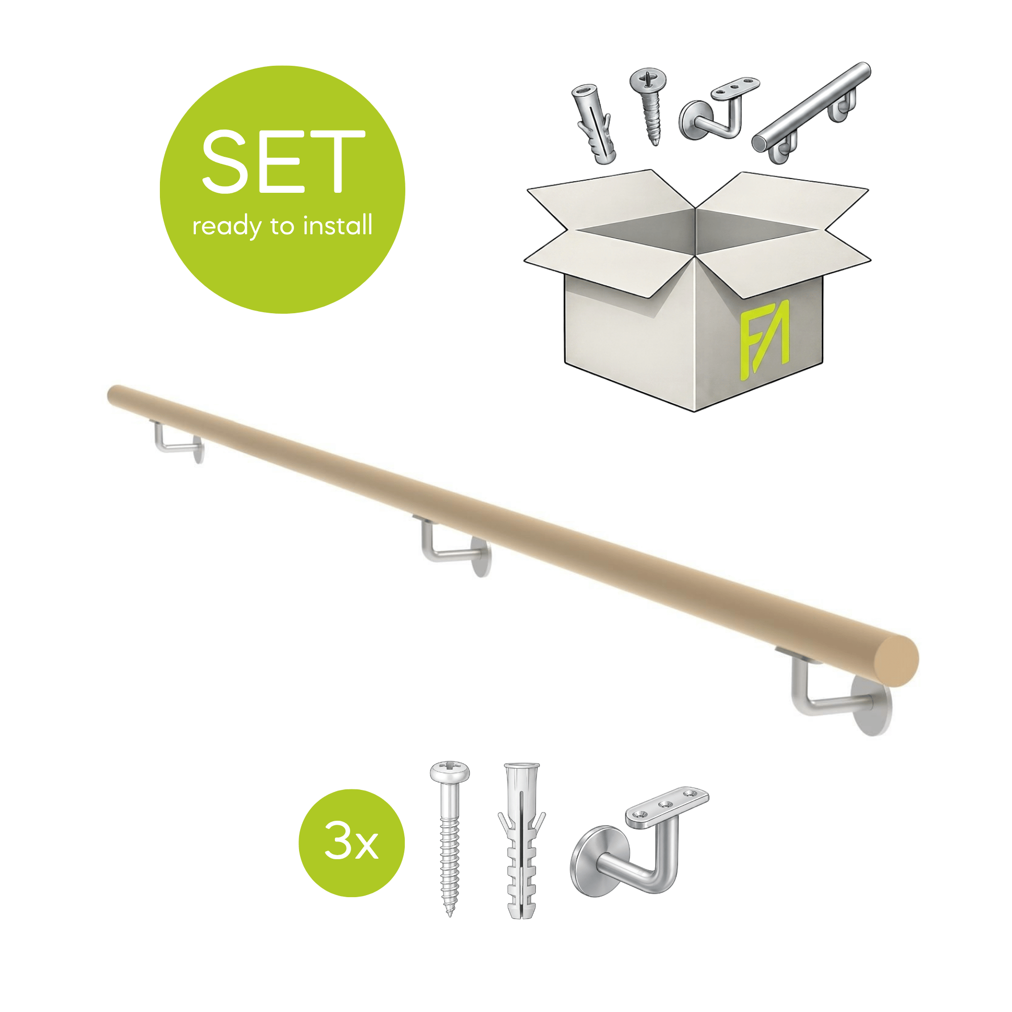 Handlauf Set Eiche Edelstahl 3000 mm mit Halterungen- Duebel und Schrauben-89-11WDM3000-A.4-D