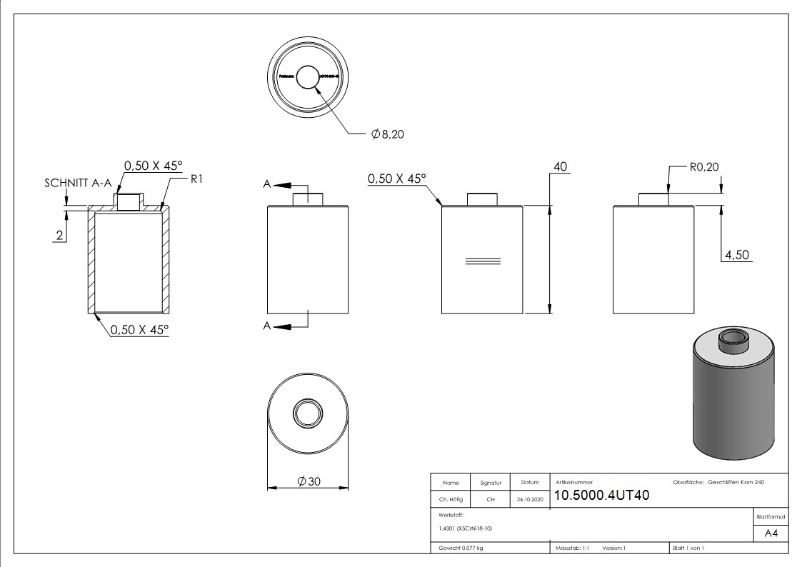 Glaspunkthalter-Unterteil Ø 30 mm- V2A- Hoehe- 40 mm-10-5000.4UT40