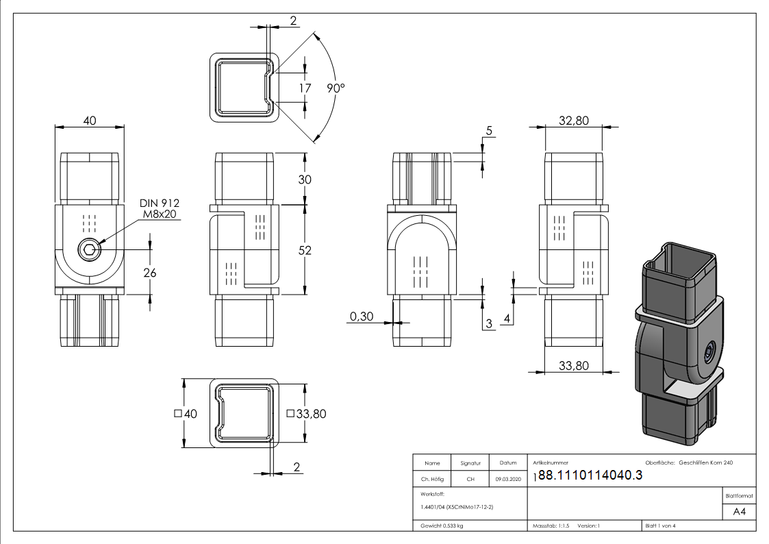 Verbindungsgelenk für Rohr 40x40x3mm, V4A