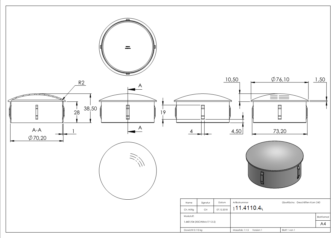 Rohrstopfen fuer Ø 76-1x2-0-2-5 mm leicht gewoelbt zum Einschlagen V2A-11-4110.4