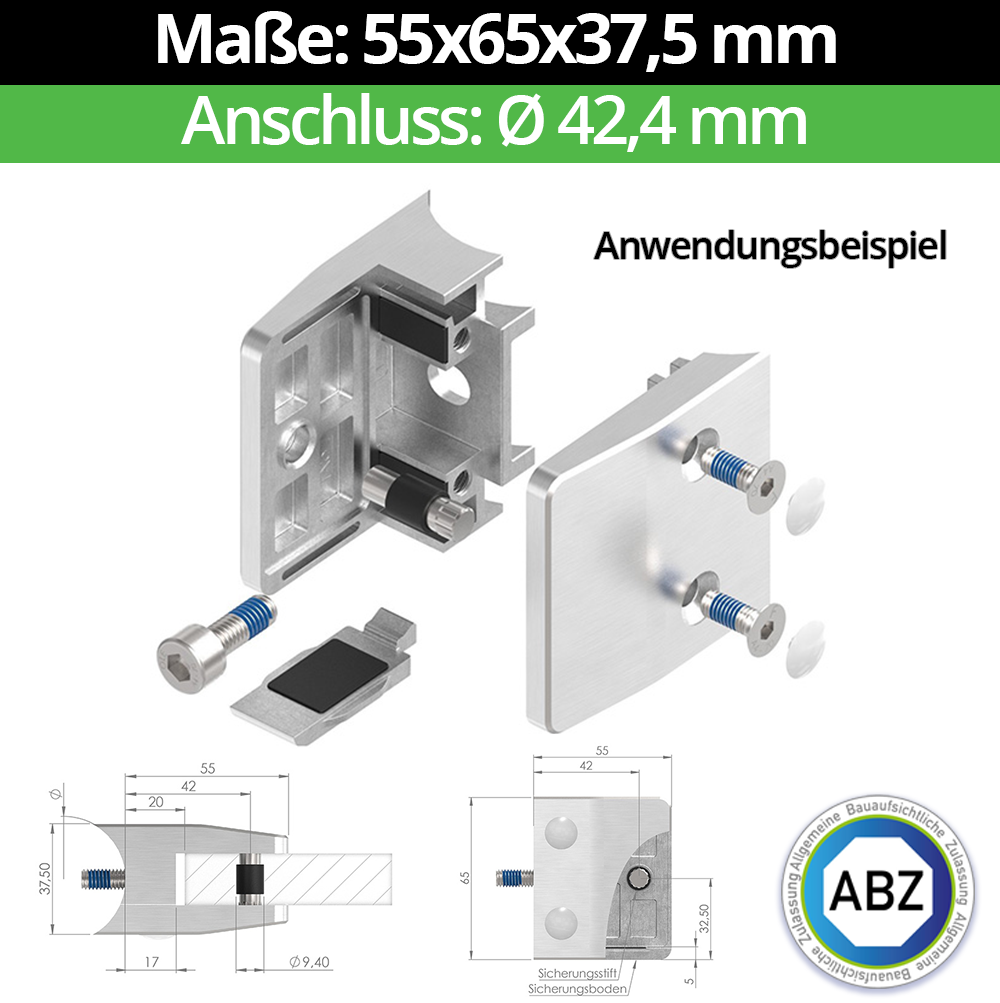 Glasklemme AbZ 55x65x37,5 mm  Ø 42,4 mm, für 9,52 mm VSG Glas, Sicherungsstift (Bohrung 12 mm), Nein | Ohne Sicherungsboden