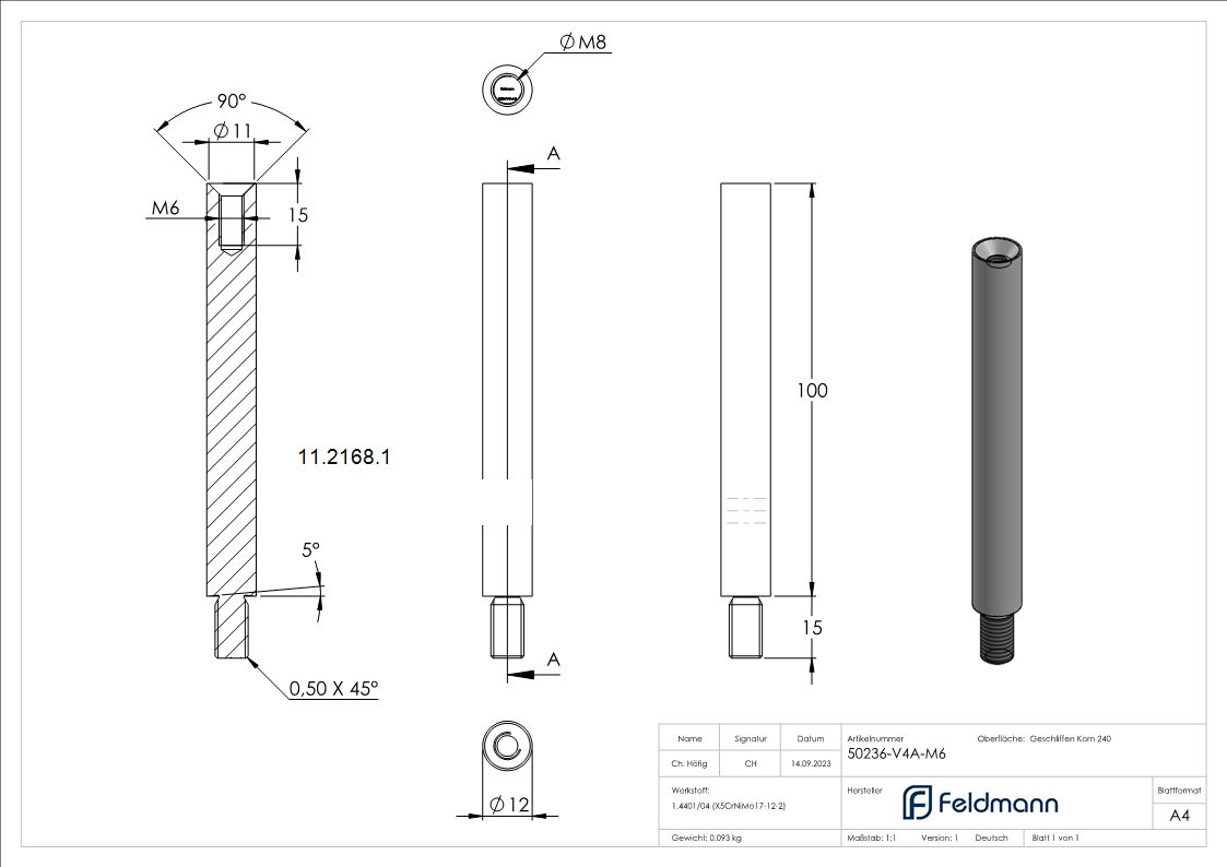 Stift Maße: 100x12 mm mit Außen - und Innengewinde V4A