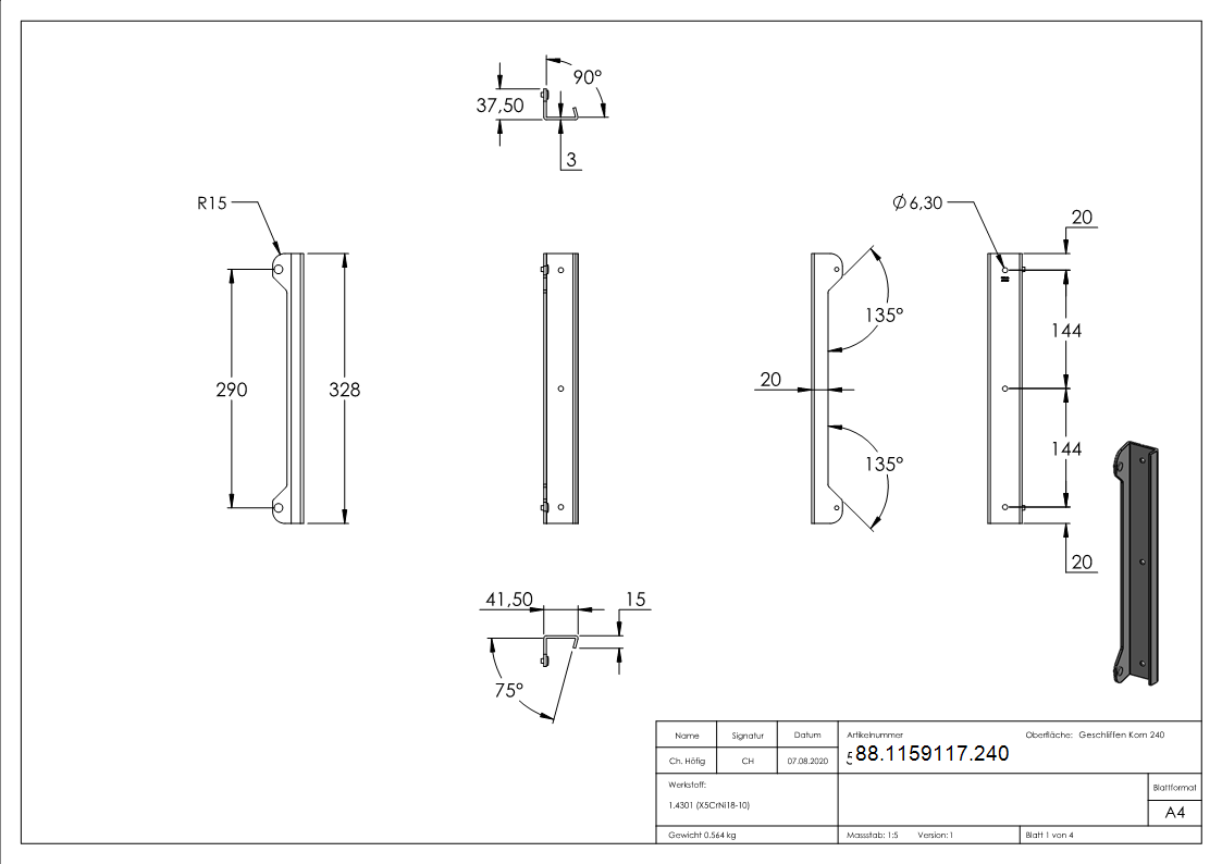 Anschlagsblech Edelstahl V2A 37-5 x 41-5 x 328 mm mit Gummipuffer-88-1159117.240