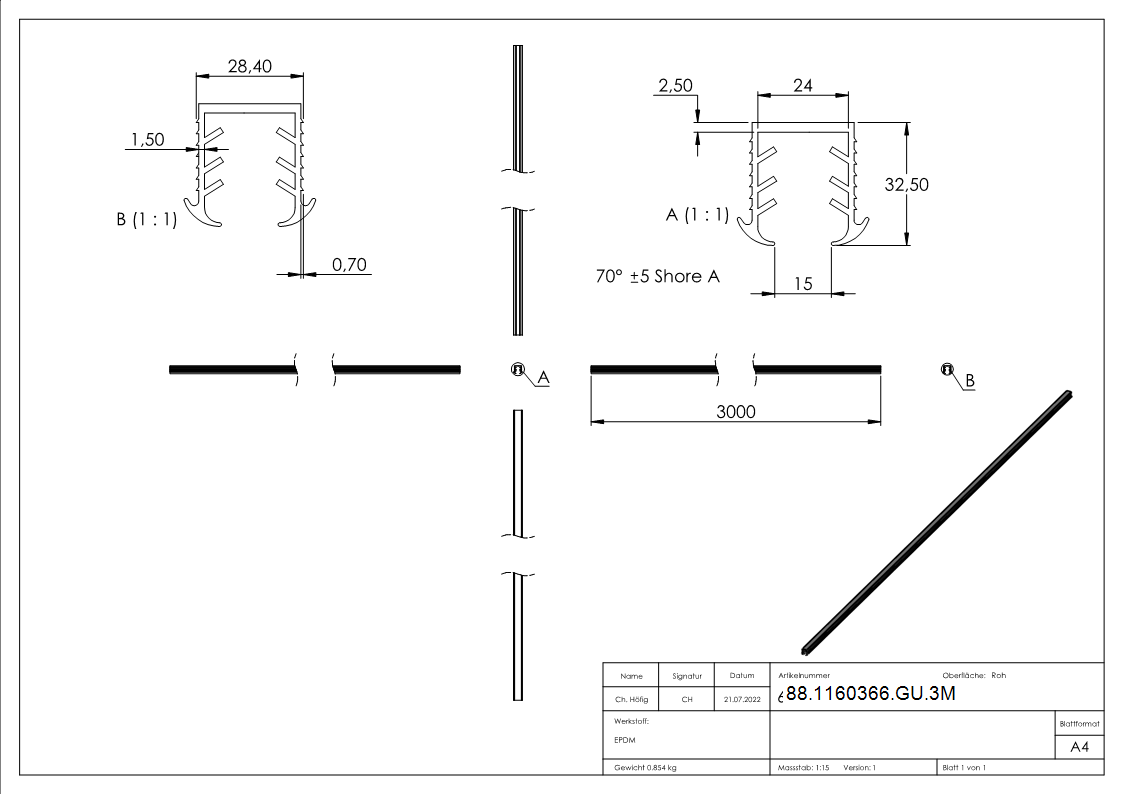 Keildichtung EPDM fuer Glas 16-76–17-52 mm- Nut 27x30 mm- L = 3000 mm-88-1160366-GU.3M