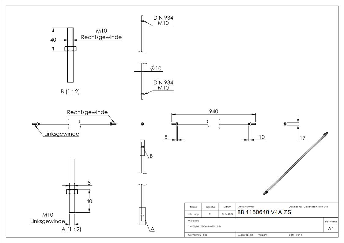 Zugstange Edelstahl V4A L = 940 mm Gewinde M10 Links-Rechtsgewinde-88-1150640-V4A.ZS