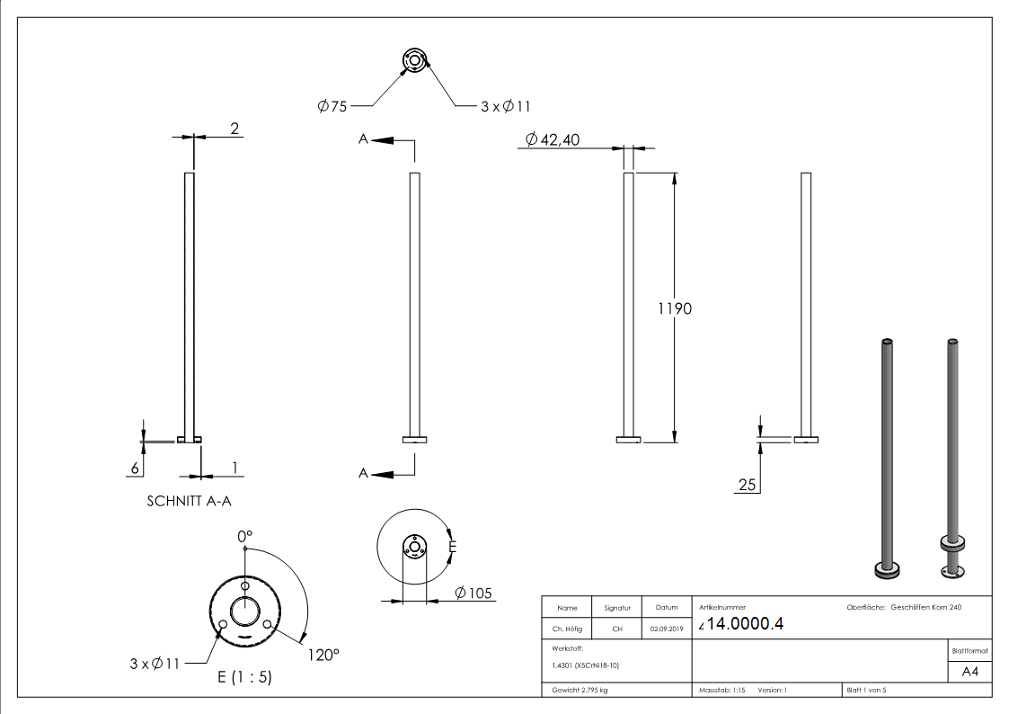 Geländerpfosten | zum Selbstbearbeiten | Länge: 1190 mm | V2A