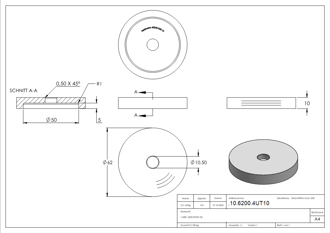 Glas-Punkthalter Ø 62 mm Unterteil | Höhe 10 mm | V2A