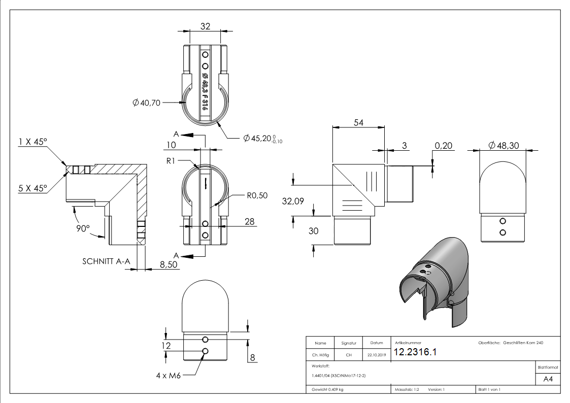 Rahmenecke 90° - vertikal - fuer Nutrohr Ø 48-3 mm - V4A-12-2316.1
