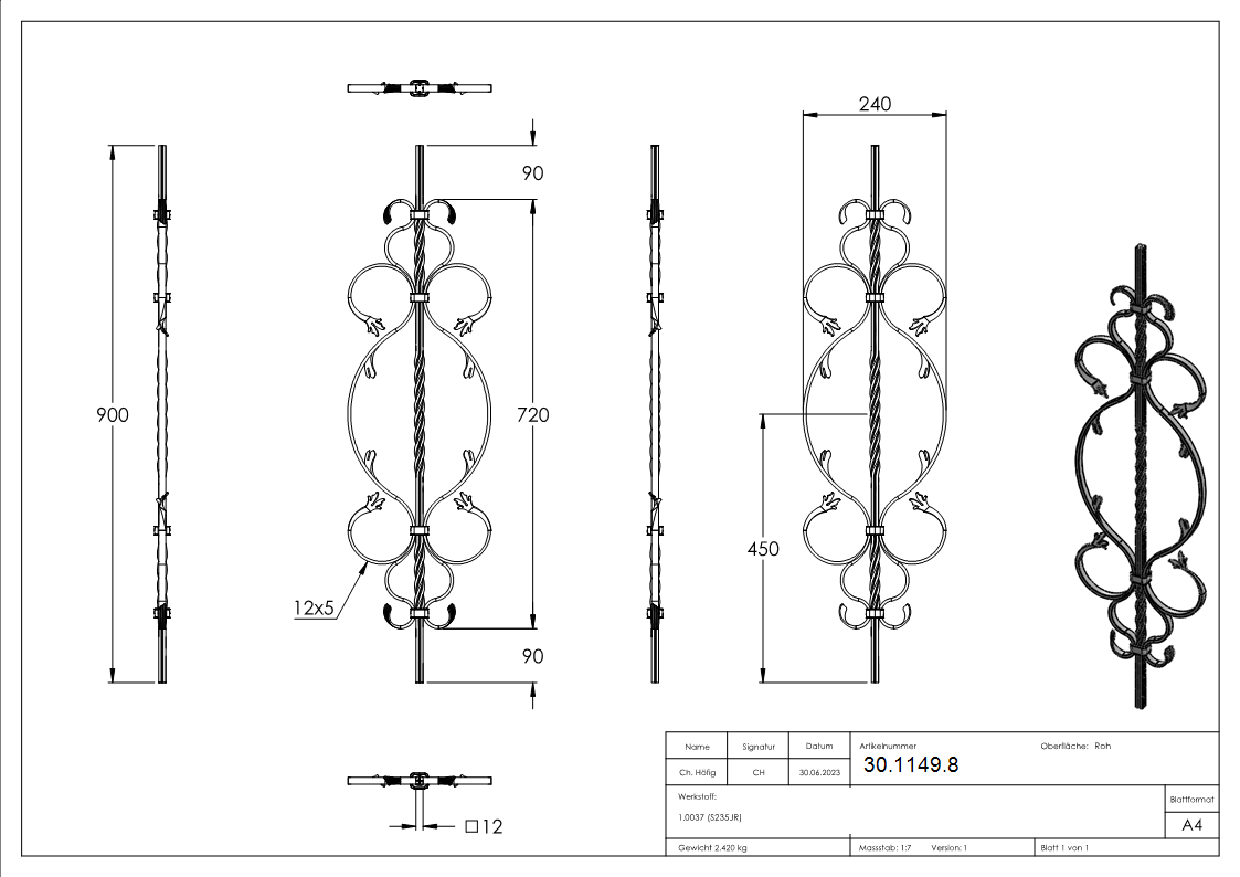 Zierstab | Länge: 900 mm | Material: 12x12 mm gerillt | Stahl S235JR, roh