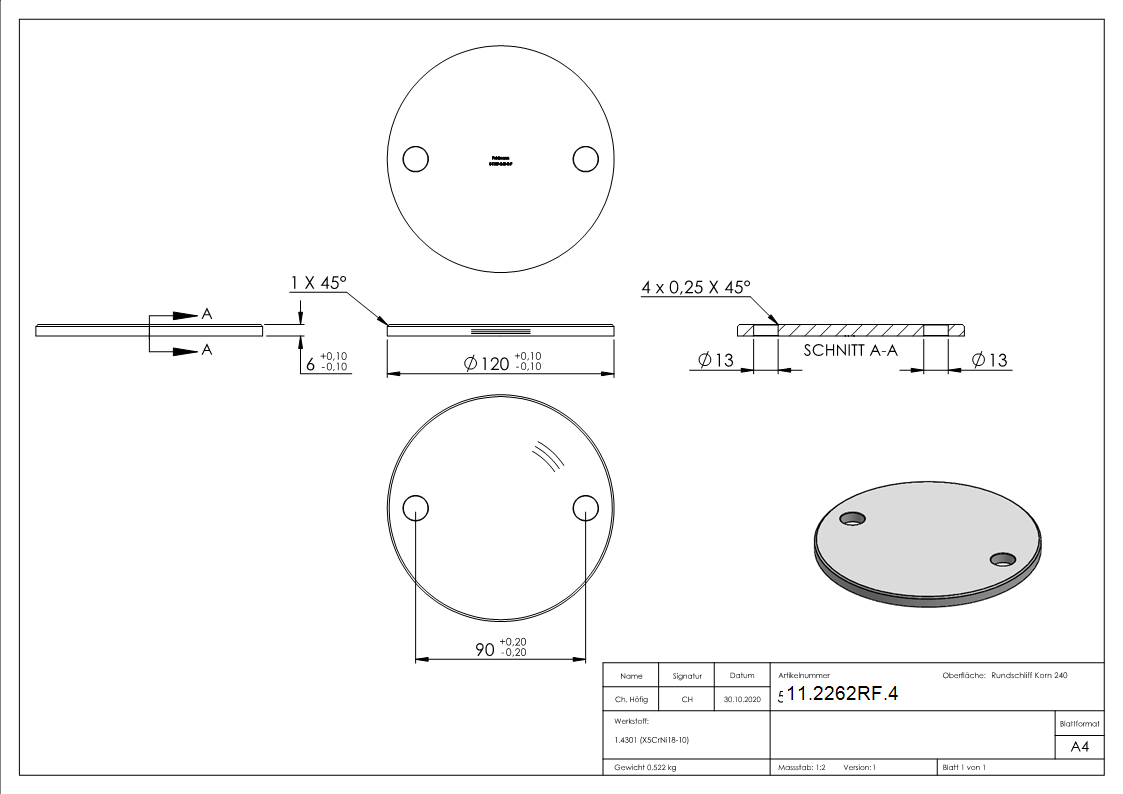 Ankerplatte Ø 120 x 6 mm mit 2 Bohrungen á Ø 13 mm V2A
