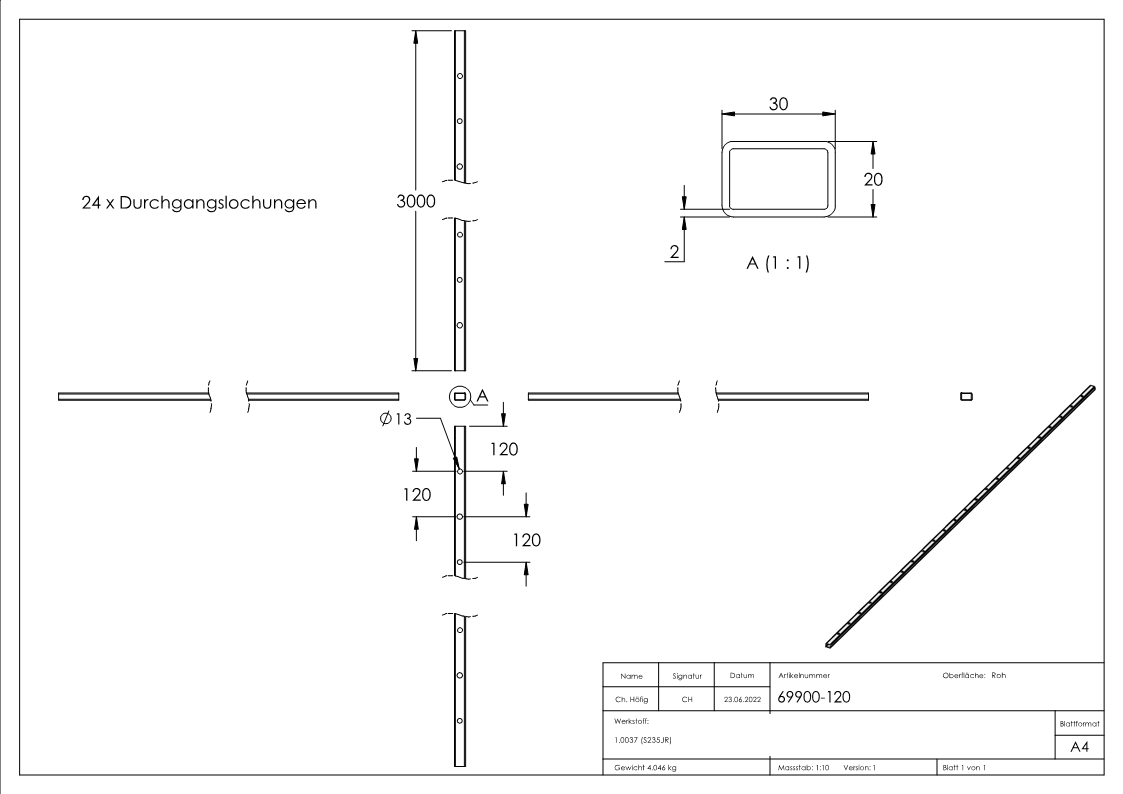 Rechteckrohr 30 x 20 x 2mm, gelocht für Ø 12mm mit Abstand Mitte-Mitte 120mm, Länge 3m