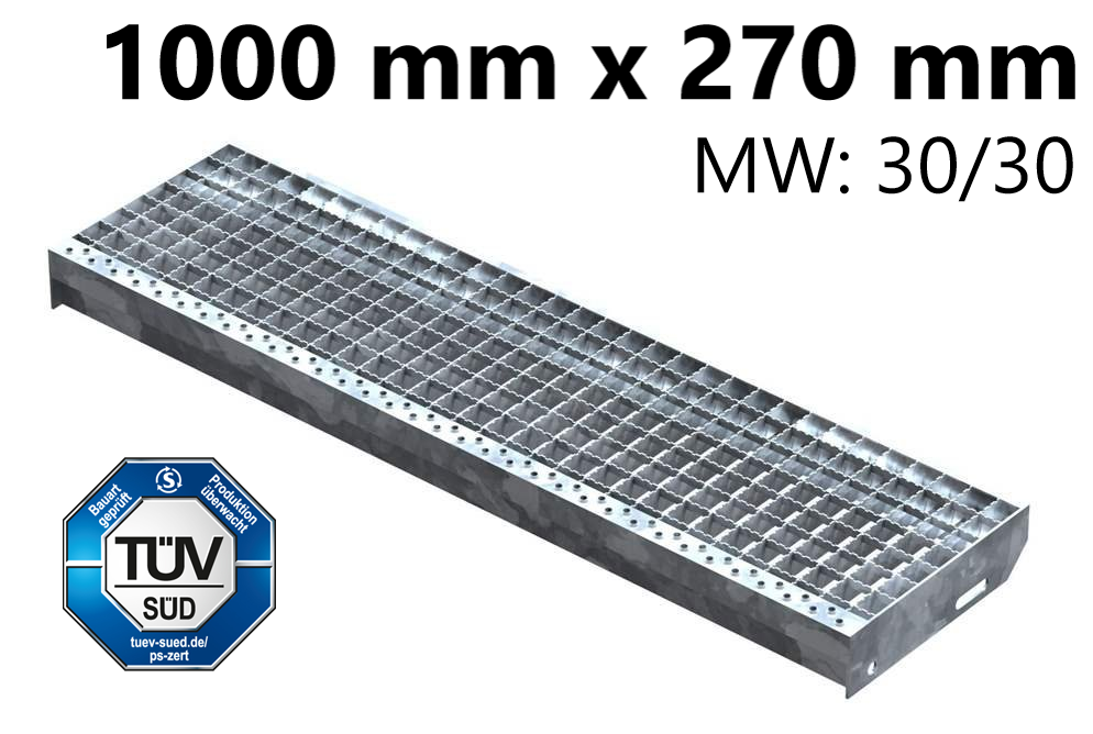 Gitterroststufe Treppenstufe | Maße: 1000x270 mm 30/30 mm R13 | S235JR (St37-2), im Vollbad feuerverzinkt