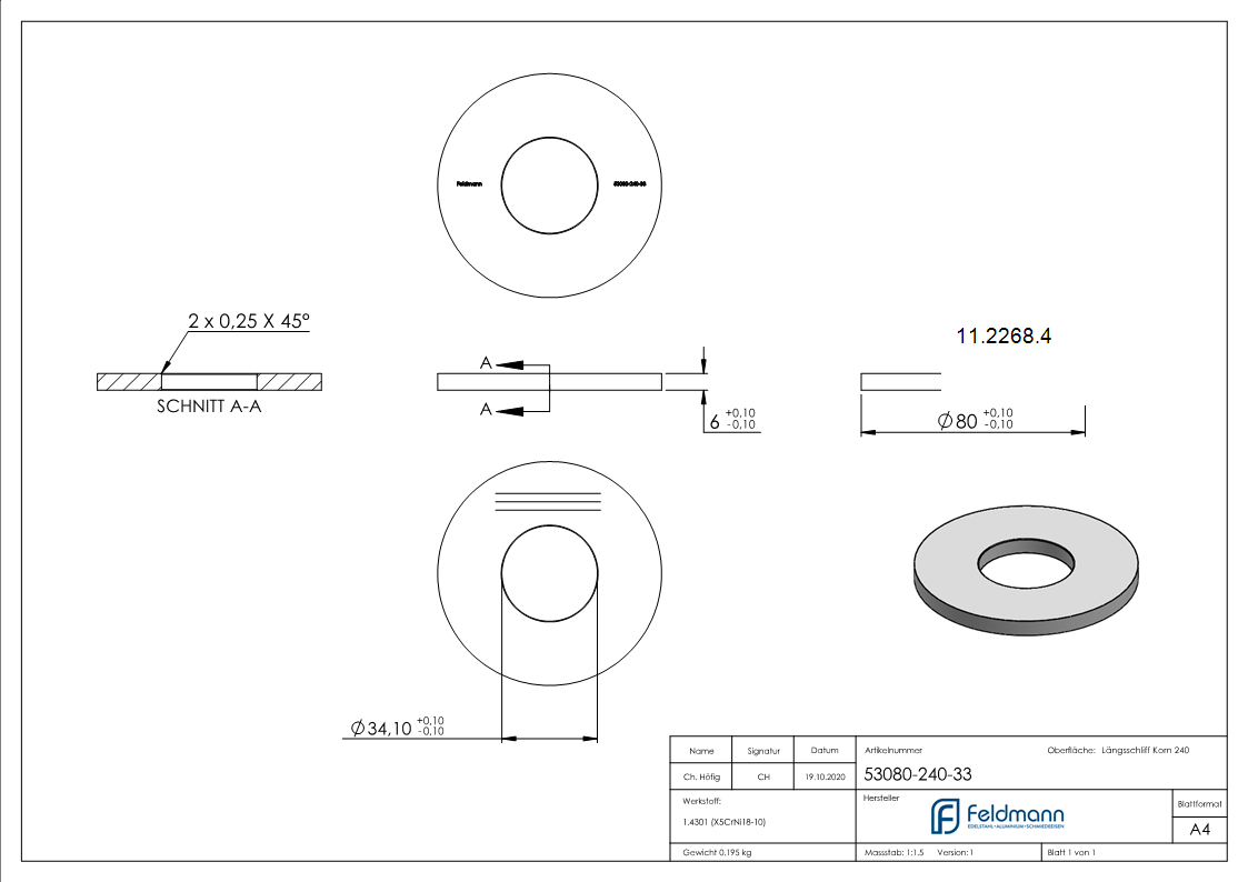 Ankerplatte Maße: 80x6 mm Längsschliff und Mittelbohrung V2A