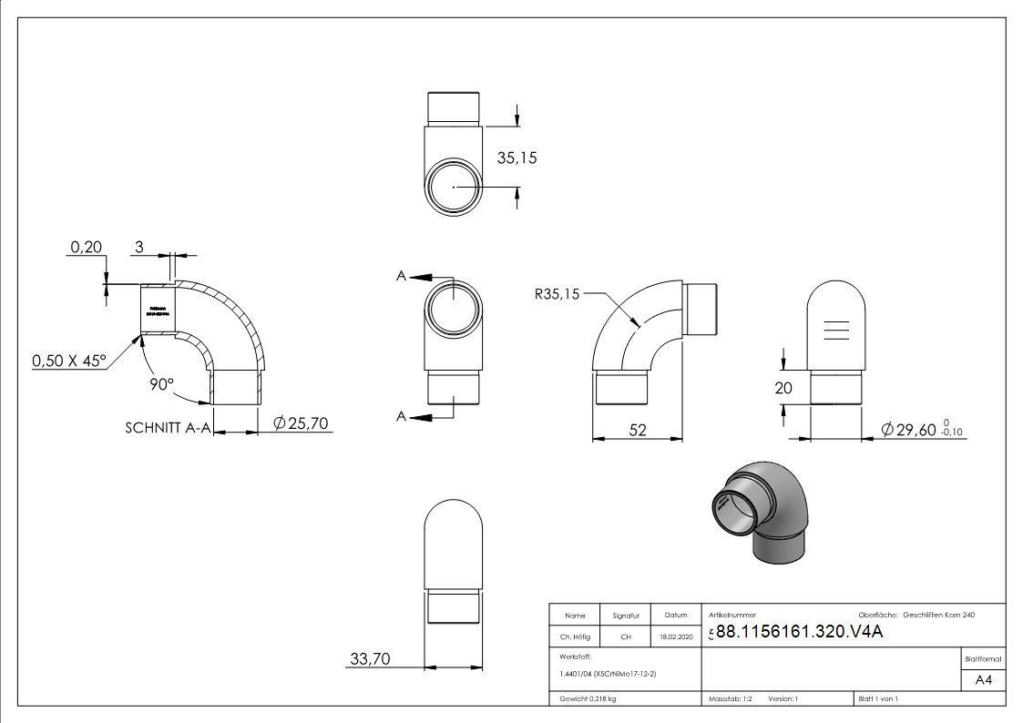 Rohrbogen 90°, für Rohr 33,7 x 2,0mm