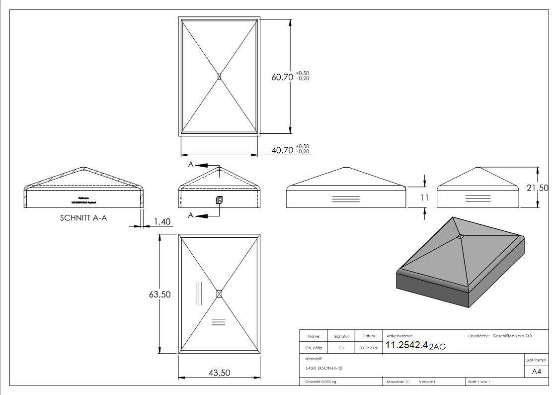 Pfostenkappe Edelstahl für Vierkantrohr: 60x40 mm Oberfläche geschliffen V2A