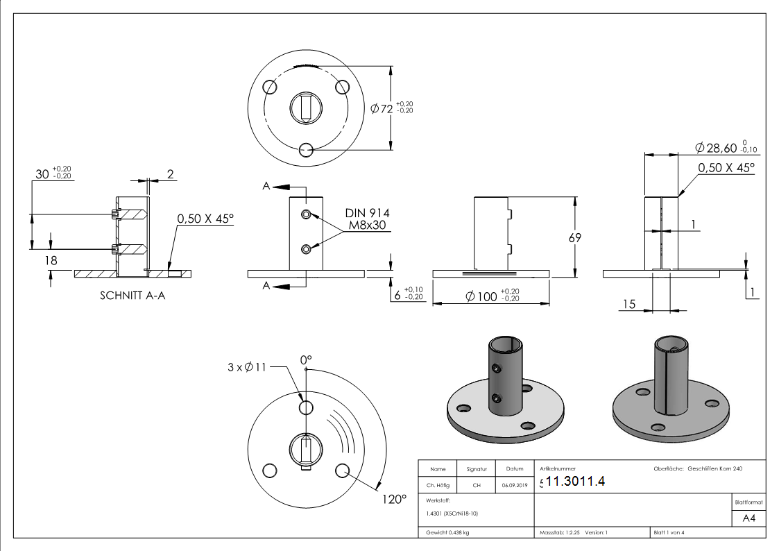Wand- und Bodenanker  Masse- Ø 100x6 mm  fuer Rundrohr Ø 33-7x2-5 mm -V2A-11-3011.4