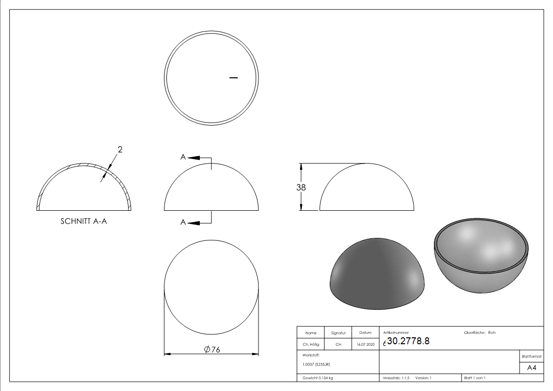 Halbhohlkugel Ø 76 mm | glatt | Stahl S235JR, roh