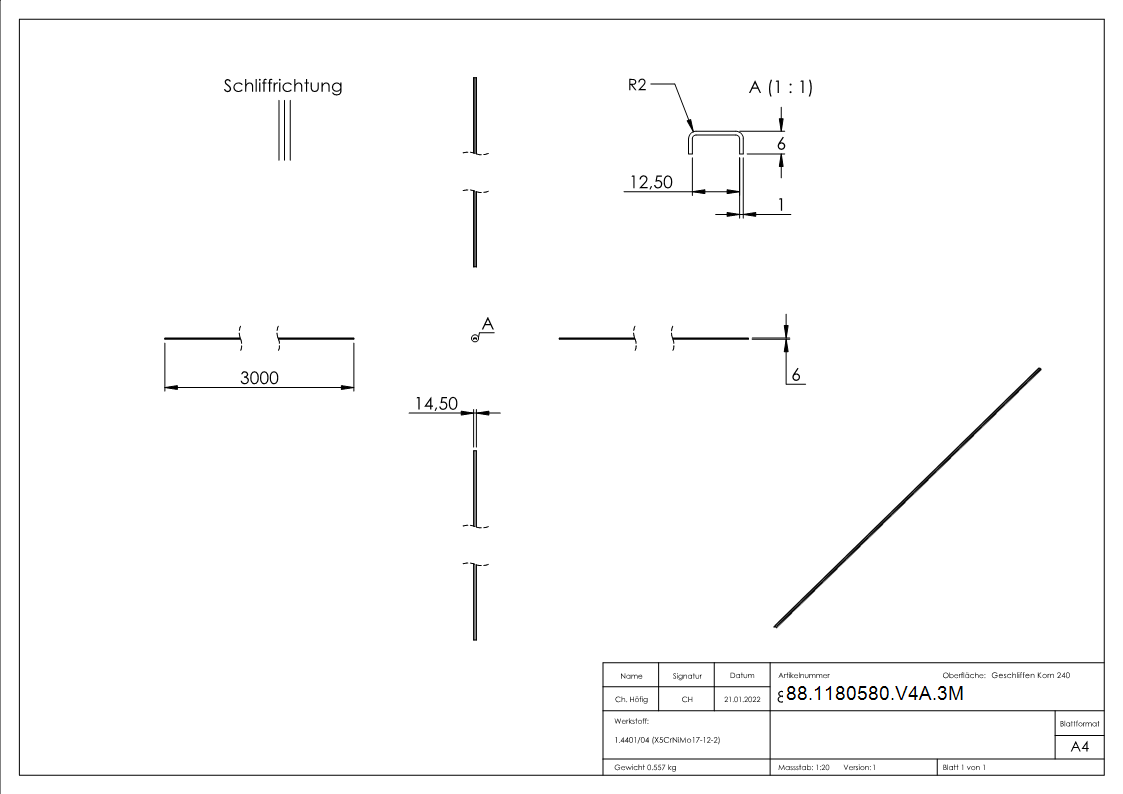 Kantenschutz EXTRA SLIM- fuer Glas 10-00 - 11-52mm- L=3m- Edelstahl V4A-88-1180580-V4A.3M