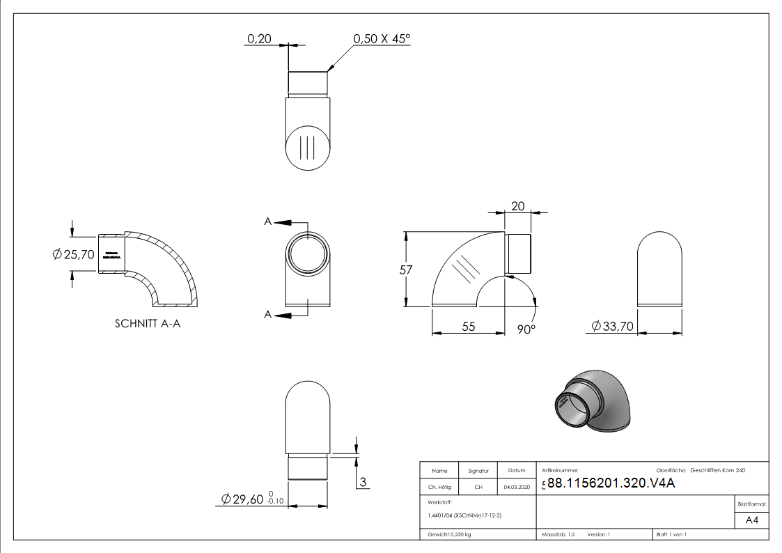 Endstück 90° flach, für Rohr 33,7 x 2,0mm